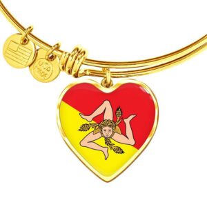 p.s. i love italy gold sicilian flag with heart charm bangle - great italian themed jewelry gift - shatterproof glass bangle on surgical steel fashion bracelet - engraving available