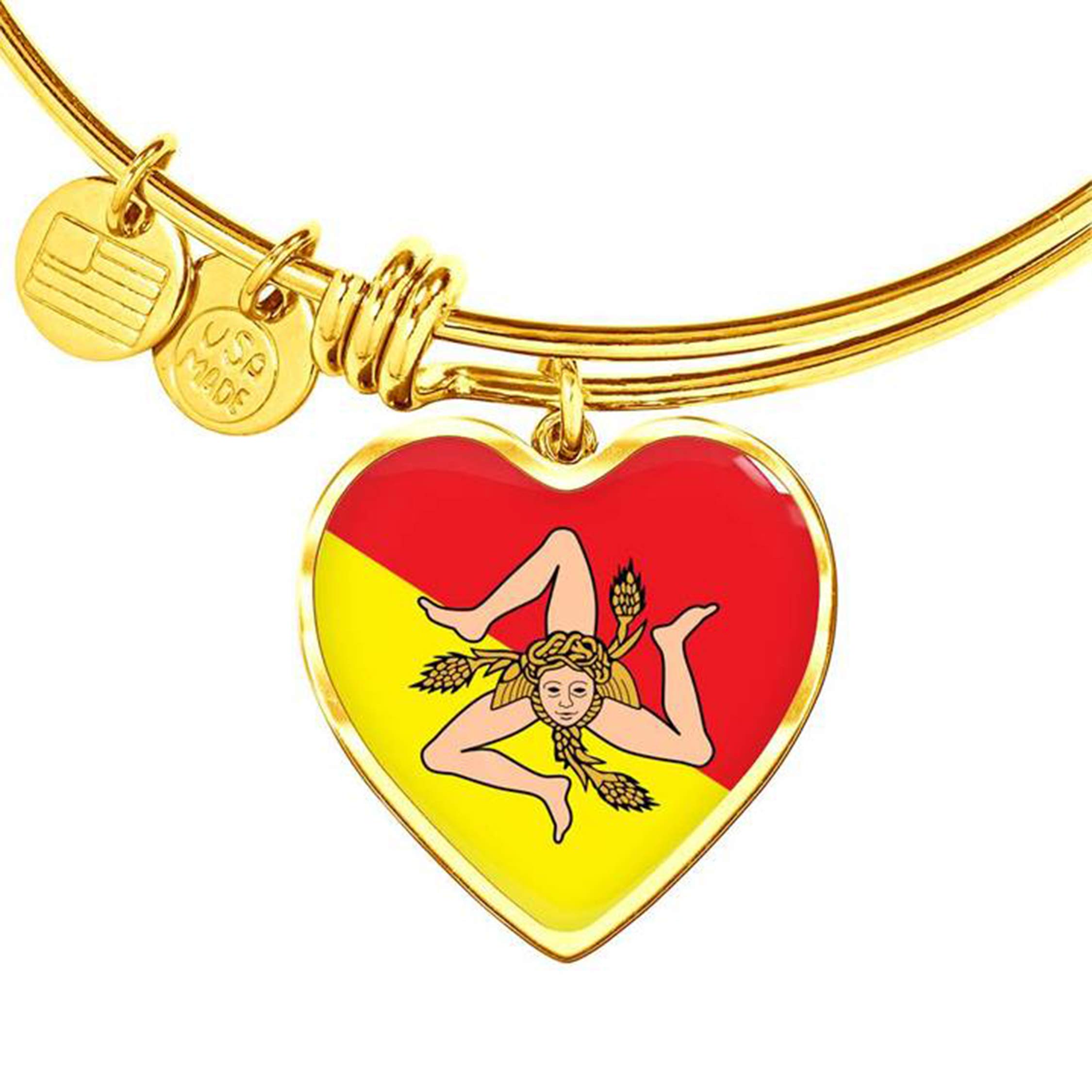 P.S. I Love Italy Gold Sicilian Flag with Heart Charm Bangle - Great Italian Themed Jewelry Gift - Shatterproof Glass Bangle on Surgical Steel Fashion Bracelet - Engraving Available