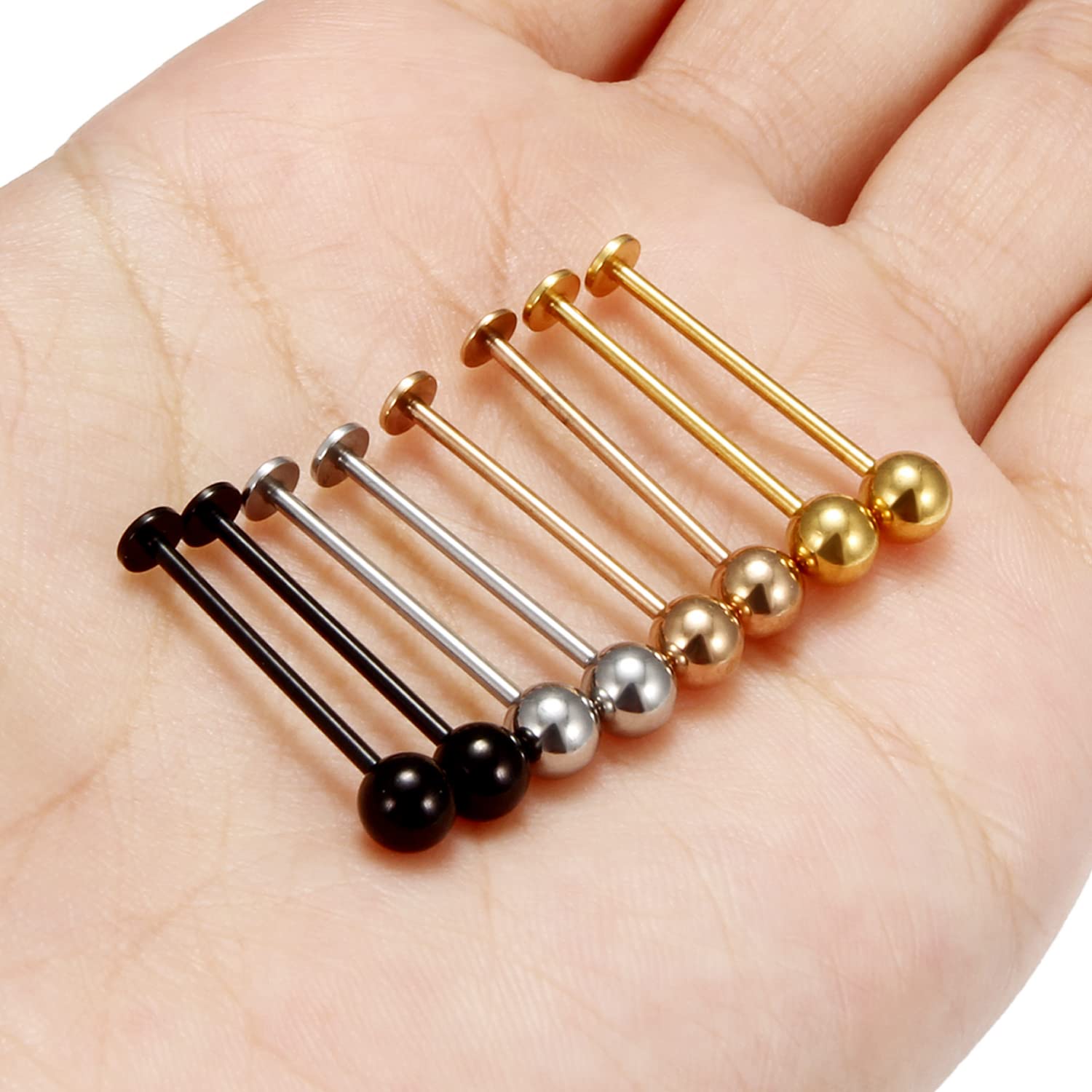 Kridzisw 16G Cheek Tongue Piercing Jewelry Flat Back Cheek Dimple Tongue Rings Stainless Surgical Steel Long Bar Ashley Lip Labret Rings Stud Piercing Jewelry Women Men 19mm Silver Black Rose Gold