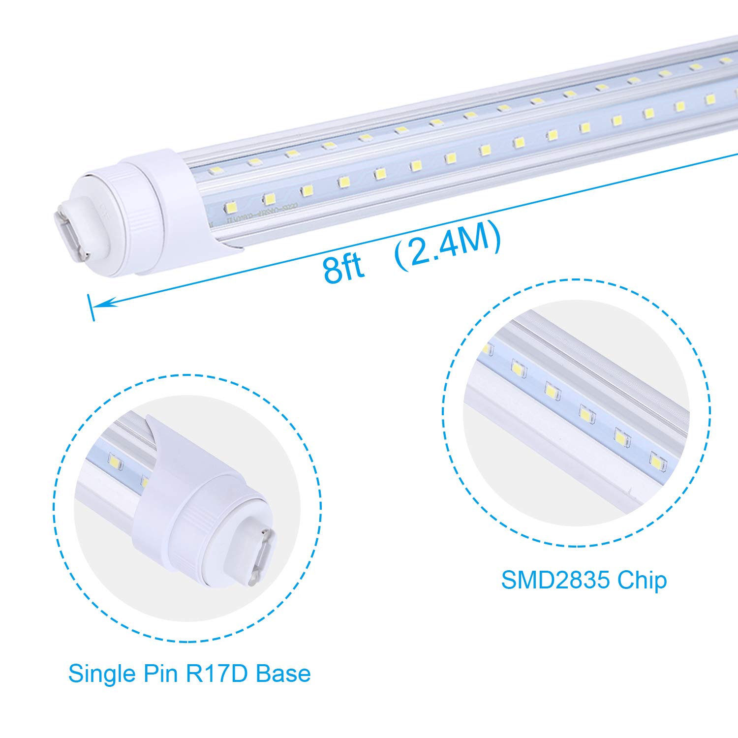 FALANFA R17D 8 Foot Bulb Light,270 Degree V Shaped LED Replacement for Fluorescent Fixtures,T8 6000K Cool White,Clear Cover,85V-265V, Dual-Ended,Rotatable HO Base (Pack of 12)