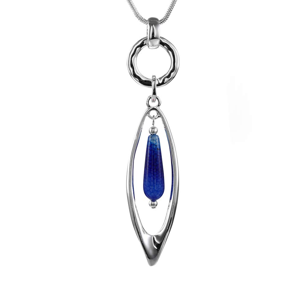 Necklace for Women Fashion Jewelry Long Natural Stone Pendant Statement Silver Necklaces with Gift Box (Blue)