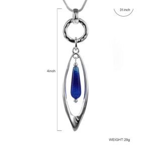 Necklace for Women Fashion Jewelry Long Natural Stone Pendant Statement Silver Necklaces with Gift Box (Blue)