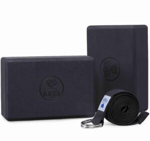 iuga yoga block 2 pack with yoga strap, high density yoga blocks 9”x6”x3”to improve strength, flexibility and balance, light weight and non-slip surface for yoga, pilates and meditation