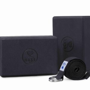 IUGA Yoga Block 2 Pack with Yoga Strap, High Density Yoga Blocks 9”x6”x3”to Improve Strength, Flexibility and Balance, Light Weight and Non-Slip Surface for Yoga, Pilates and Meditation