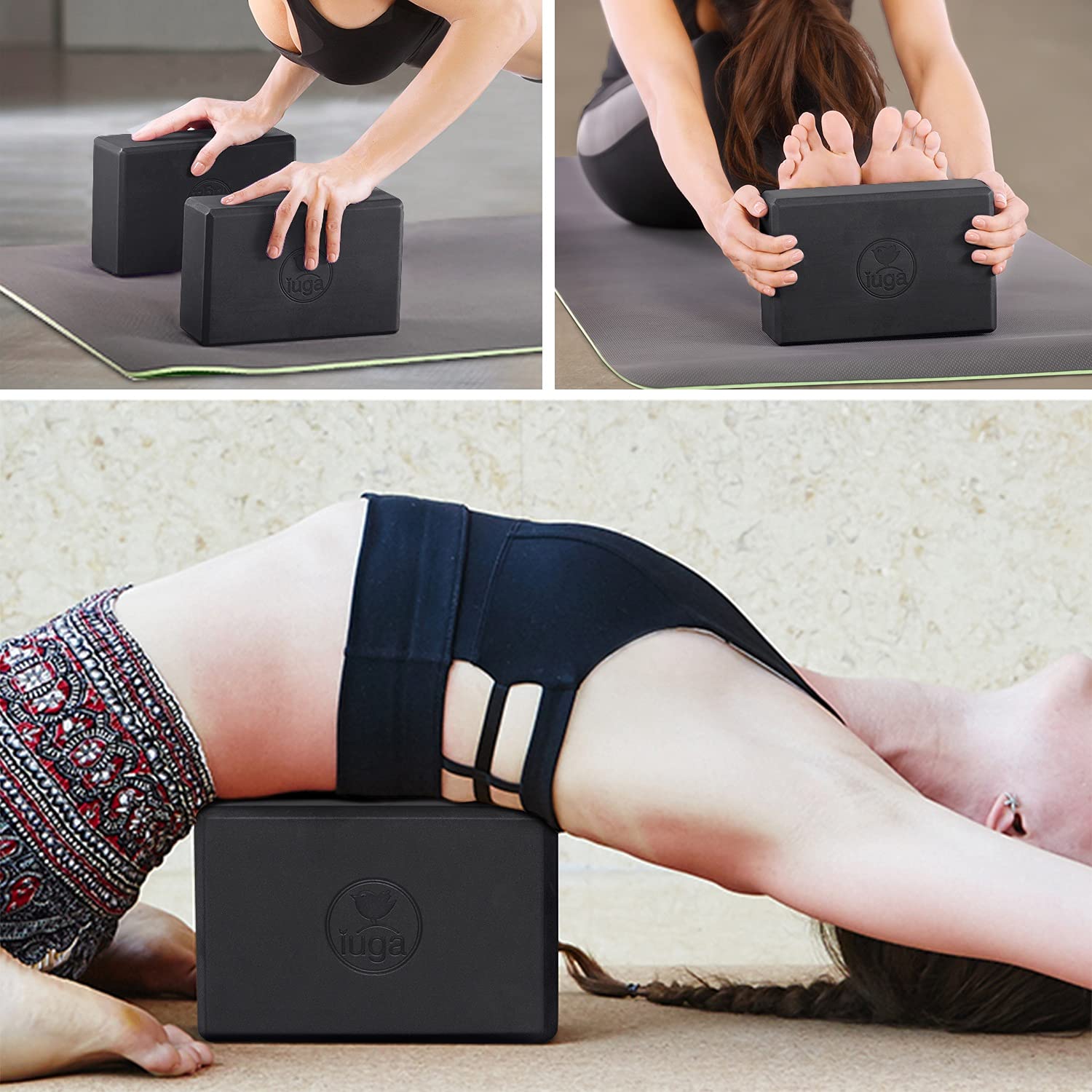 IUGA Yoga Block 2 Pack with Yoga Strap, High Density Yoga Blocks 9”x6”x3”to Improve Strength, Flexibility and Balance, Light Weight and Non-Slip Surface for Yoga, Pilates and Meditation