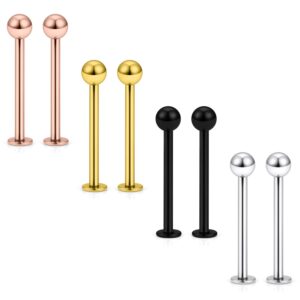 Kridzisw 14G Cheek Tongue Piercing Jewelry Flat Back Cheek Dimple Tongue Rings Stainless Surgical Steel Long Bar Ashley Lip Labret Rings Stud Piercing Jewelry Women Men 16mm Silver Black Rose Gold