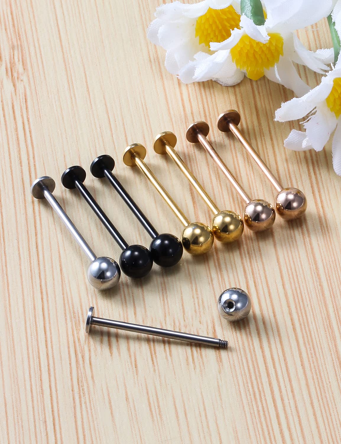 Kridzisw 14G Cheek Tongue Piercing Jewelry Flat Back Cheek Dimple Tongue Rings Stainless Surgical Steel Long Bar Ashley Lip Labret Rings Stud Piercing Jewelry Women Men 16mm Silver Black Rose Gold