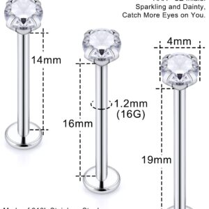 Kridzisw 16G Cheek Dimple Piercing Jewelry Flat Back Tongue Ring Barbell Stainless Surgical Steel Extra Long Lip Labret Ashley Medusa Monroe Ring Stud Piercing Jewelry Women Men 14mm 16mm 19mm Silver