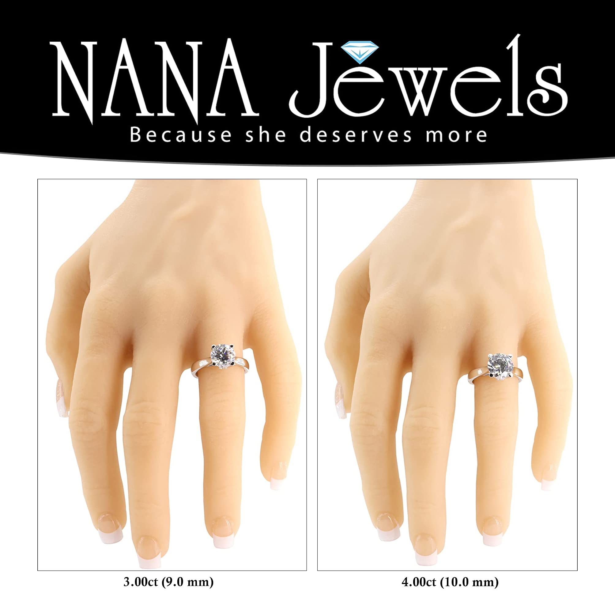 NANA Jewels Silver 10.00mm (4.00ct) Round Cut Zirconia Lucita Solitaire Engagement Ring-Platinum Plated-Size 7