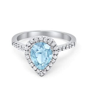 Blue Apple Co. Halo Teardrop Bridal Filigree Ring Pear Simulated Aquamarine CZ Round Cubic Zirconia 925 Sterling Silver, Size-6