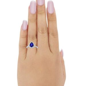 Halo Teardrop Bridal Filigree Ring Pear Simulated Blue Sapphire Round Cubic Zirconia 925 Sterling Silver, Size-5