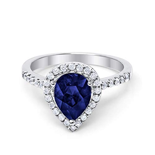 Halo Teardrop Bridal Filigree Ring Pear Simulated Blue Sapphire Round Cubic Zirconia 925 Sterling Silver, Size-5