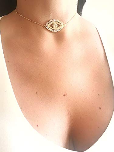 LESLIE BOULES Gold Evil Eye Necklace 18K Gold Plated Sliding Adjustable Chain Choker Jewelry