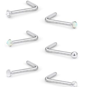 Lcolyoli 22G Stainless Steel Nose Rings L Shaped Stud Piercing Jewelry for Women 1.5mm CZ Opal Ball Inlaid