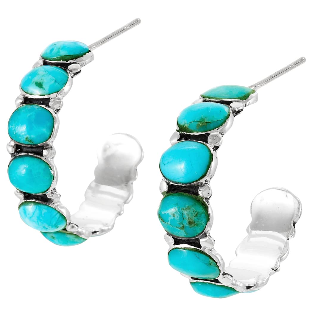 Turquoise Earrings 925 Sterling Silver & Genuine Turquoise (Select style) (Bold Oval Hoops)