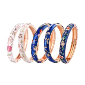 UJOY Bangles 5 Pcs Enamel Jewelry Set Rose Gold Flower Engraved Cloisonne Bracelets Pack in a Box 5PCS Blue White