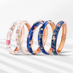 UJOY Bangles 5 Pcs Enamel Jewelry Set Rose Gold Flower Engraved Cloisonne Bracelets Pack in a Box 5PCS Blue White