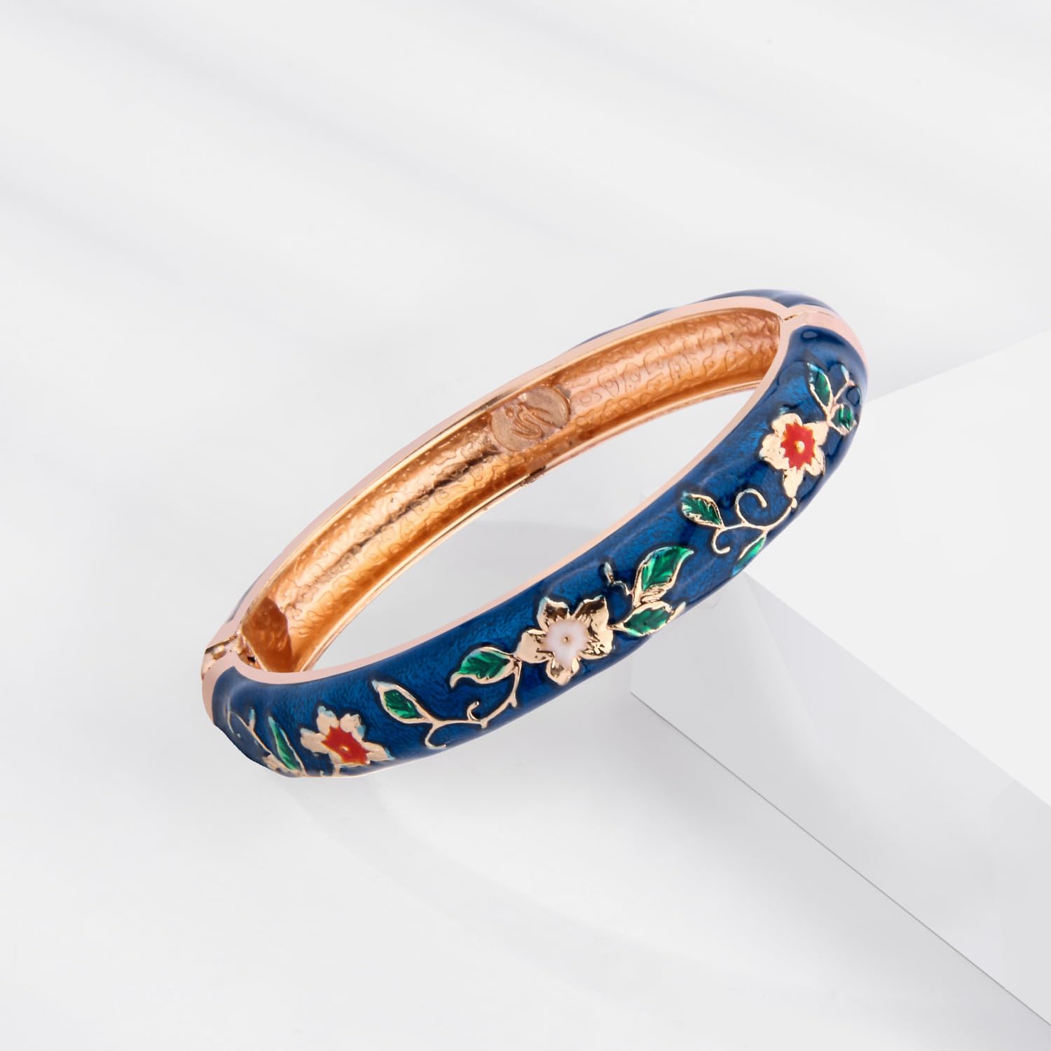 UJOY Bangles 5 Pcs Enamel Jewelry Set Rose Gold Flower Engraved Cloisonne Bracelets Pack in a Box 5PCS Blue White