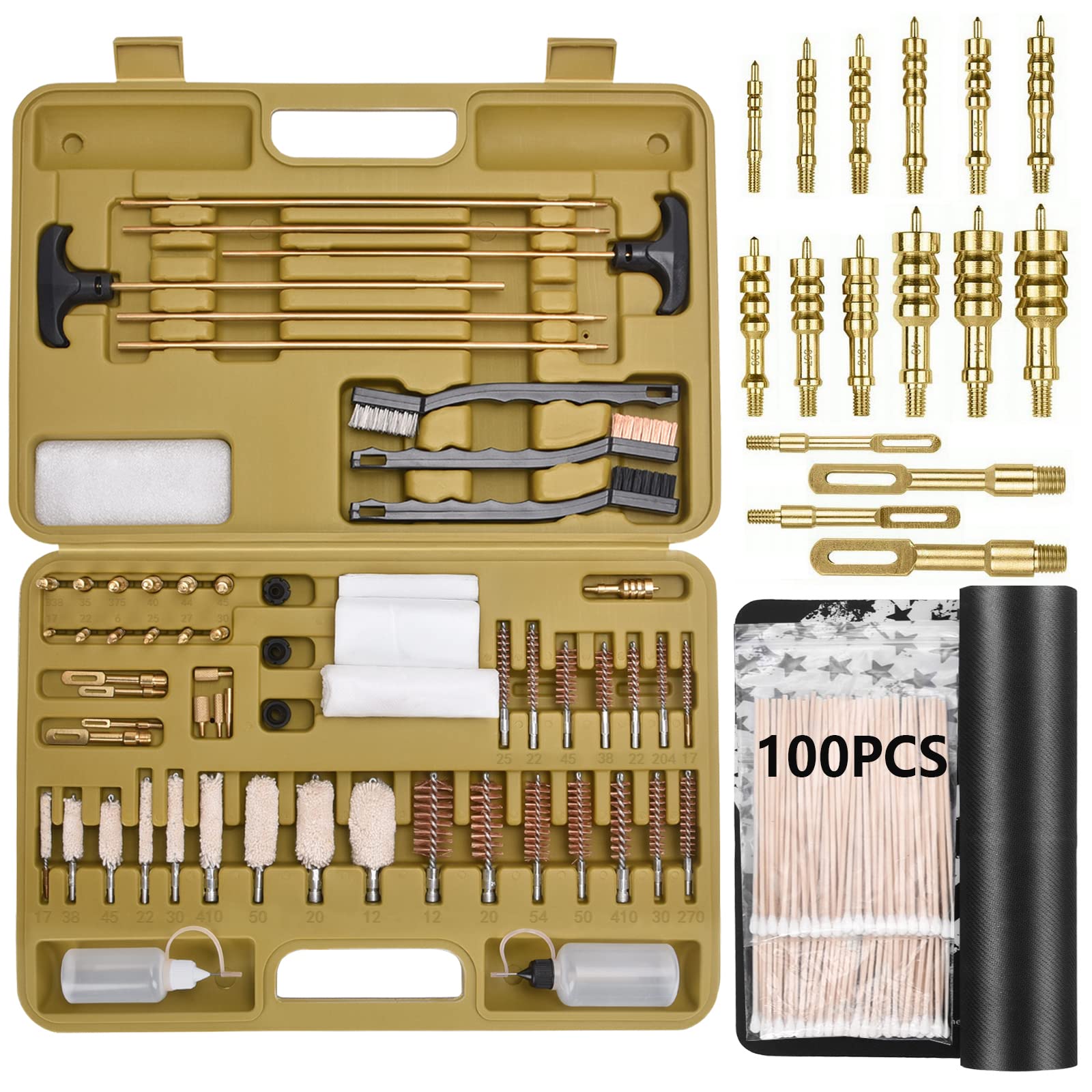 iunio Universal Gun Cleaning Kit, with Mat and Case, Full Brass Jags, Rods and Adapters, for All Guns, Rifle, Shotgun, Handgun, Pistol, Hunting, Shooting, All Caliber