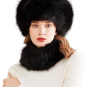 Lovful Faux Fur Women Russian Cossak Hat,Scarf Set for Ladies Winter,Black