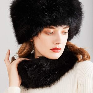 Lovful Faux Fur Women Russian Cossak Hat,Scarf Set for Ladies Winter,Black