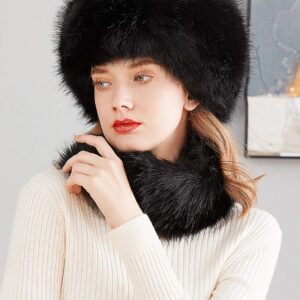 Lovful Faux Fur Women Russian Cossak Hat,Scarf Set for Ladies Winter,Black