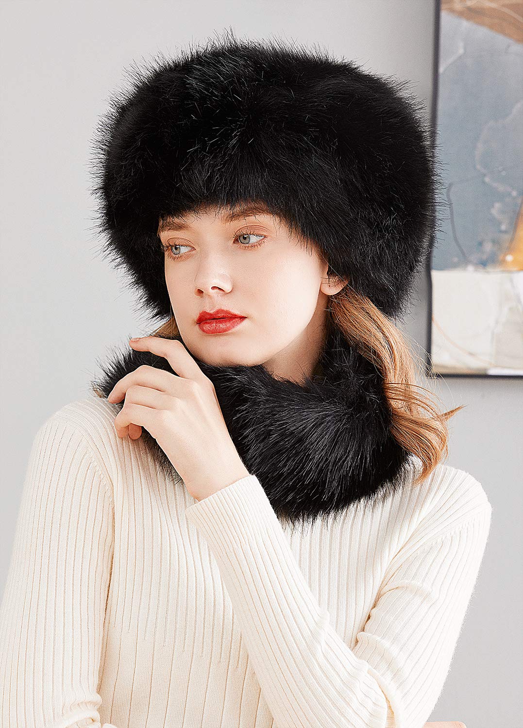 Lovful Faux Fur Women Russian Cossak Hat,Scarf Set for Ladies Winter,Black