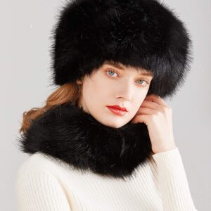 Lovful Faux Fur Women Russian Cossak Hat,Scarf Set for Ladies Winter,Black