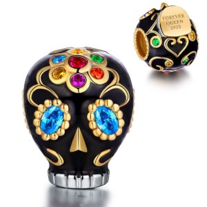 forever queen skull charms fit charms bracelets, 925 sterling silver sunflower dia de los muertos bead multicolor cz charm for european bracelets& necklace, best halloween gifts for women