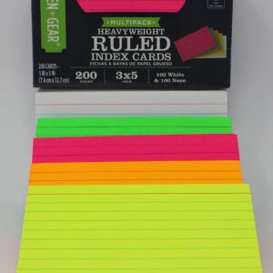 Heavy Weight Ruled Index Cards 5 x 3 inches, 200 count, (100 White & 100 Neon)