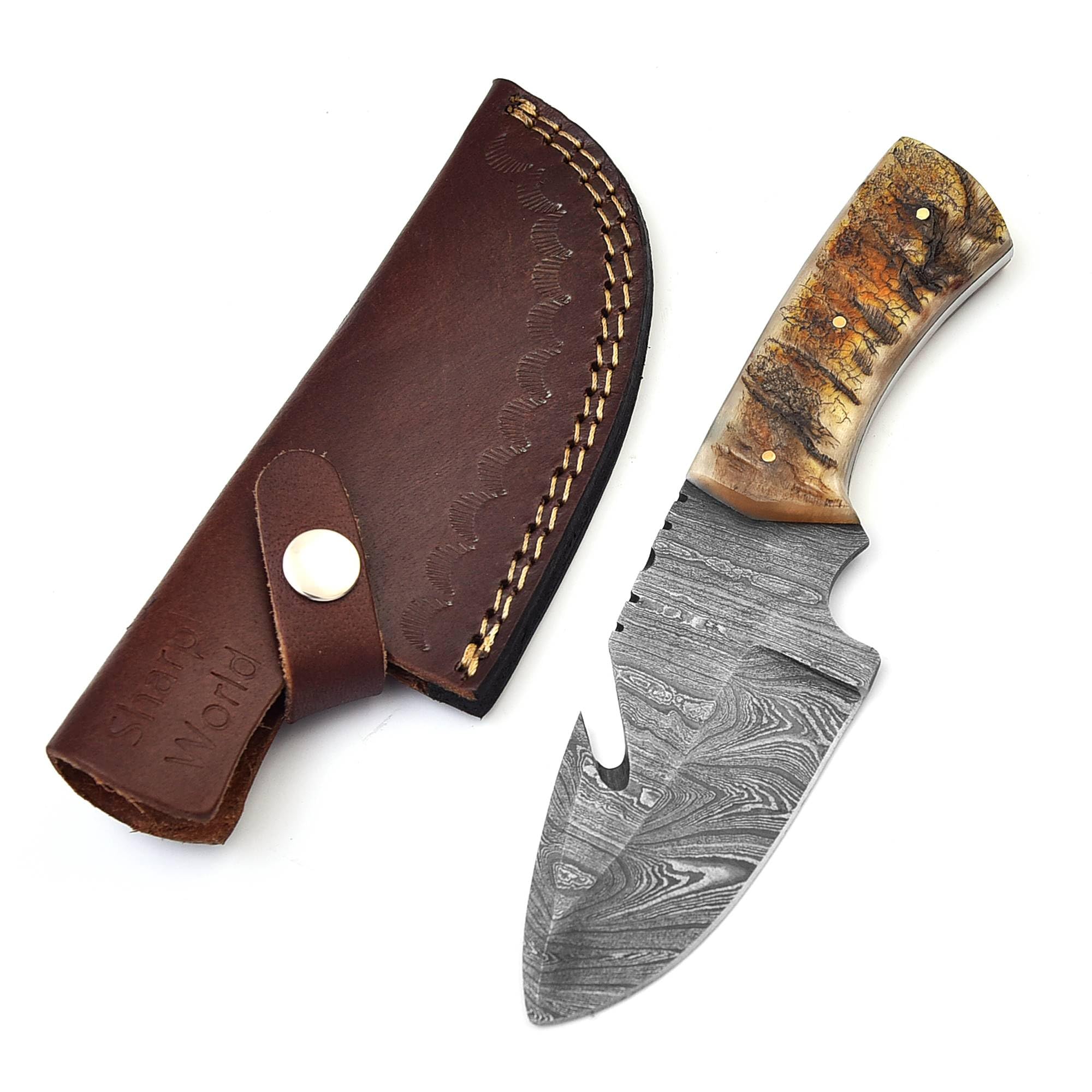 SharpWorld Beautiful Damascus Gut Hook Knife Made Of Remarkable Damascus Steel Ram Handle/w Brown Leather Sheath TJ111