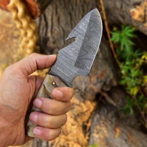 SharpWorld Beautiful Damascus Gut Hook Knife Made Of Remarkable Damascus Steel Ram Handle/w Brown Leather Sheath TJ111