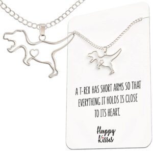 Happy Kisses Dinosaur T-Rex Necklace - Cute Pendant Gift - Sweet and Funny Message Card (Silver)