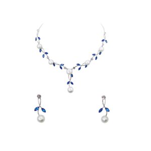 faship gorgeous blue cz crystal genuine freshwater pearls floral necklace earrings set - blue