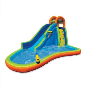 banzai big blast water park, length: 14 ft 5 in, width: 10 ft 7 in, height: 7 ft 11 in, inflatable outdoor backyard water slide splash bounce climbing toy