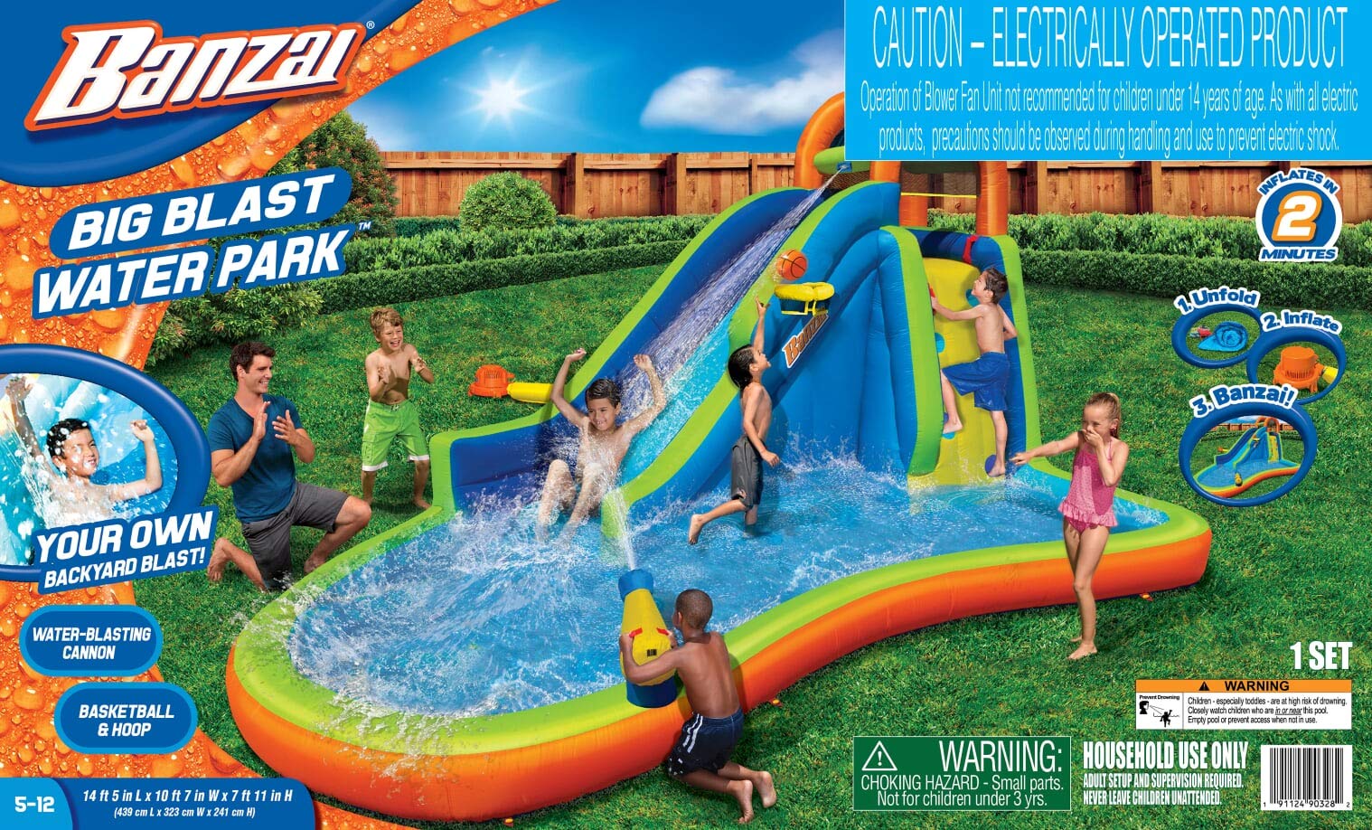 BANZAI Big Blast Water Park, Length: 14 ft 5 in, Width: 10 ft 7 in, Height: 7 ft 11 in, Inflatable Outdoor Backyard Water Slide Splash Bounce Climbing Toy