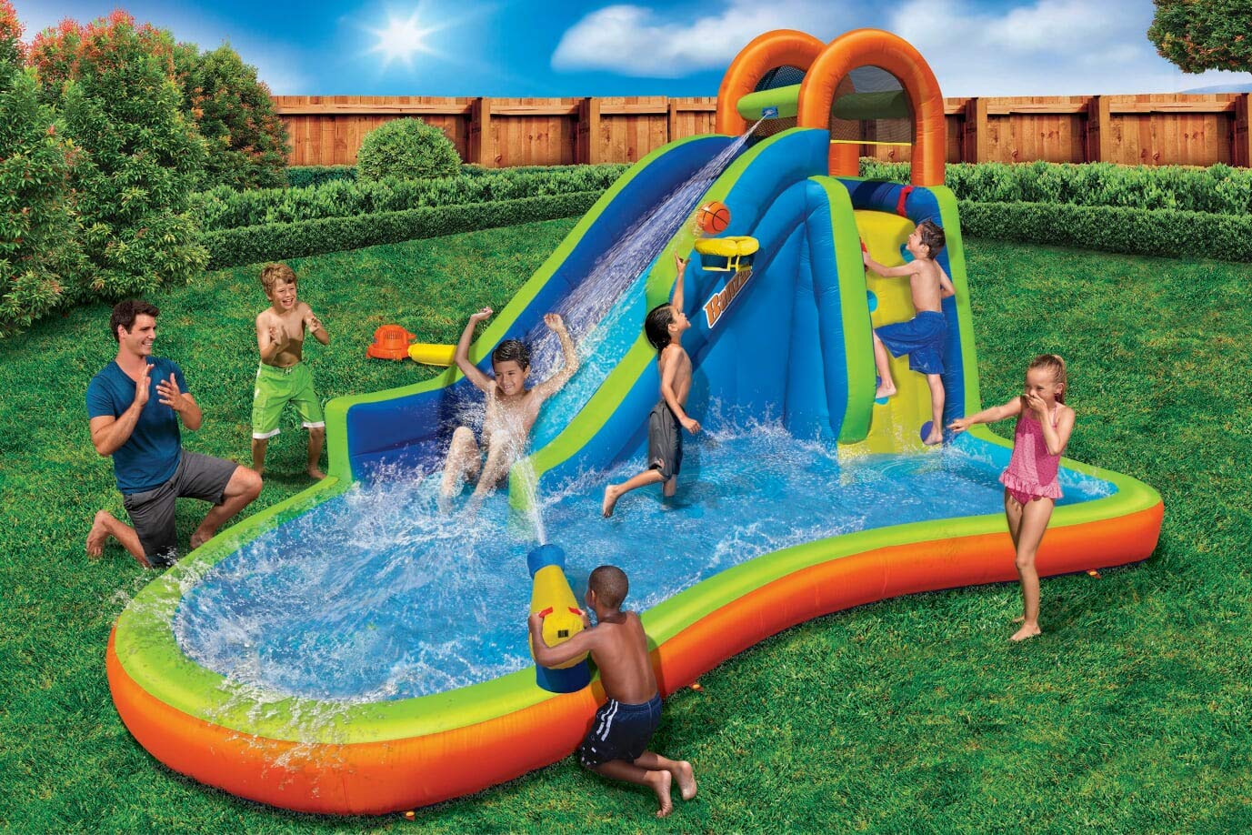 BANZAI Big Blast Water Park, Length: 14 ft 5 in, Width: 10 ft 7 in, Height: 7 ft 11 in, Inflatable Outdoor Backyard Water Slide Splash Bounce Climbing Toy