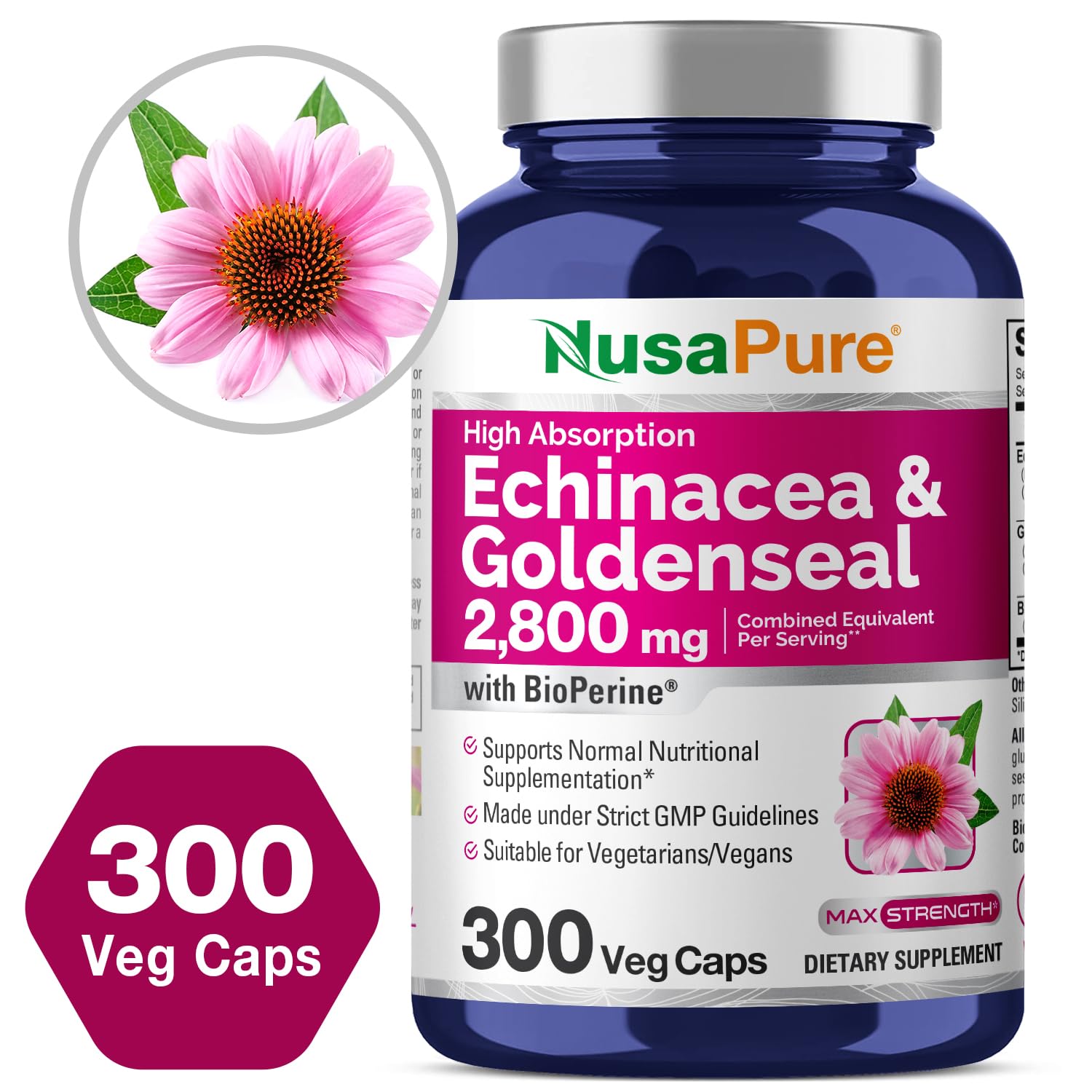 NusaPure Echinacea Goldenseal 2,800mg 300 Veggie Caps (Vegetarian, Non-GMO, Vegan)