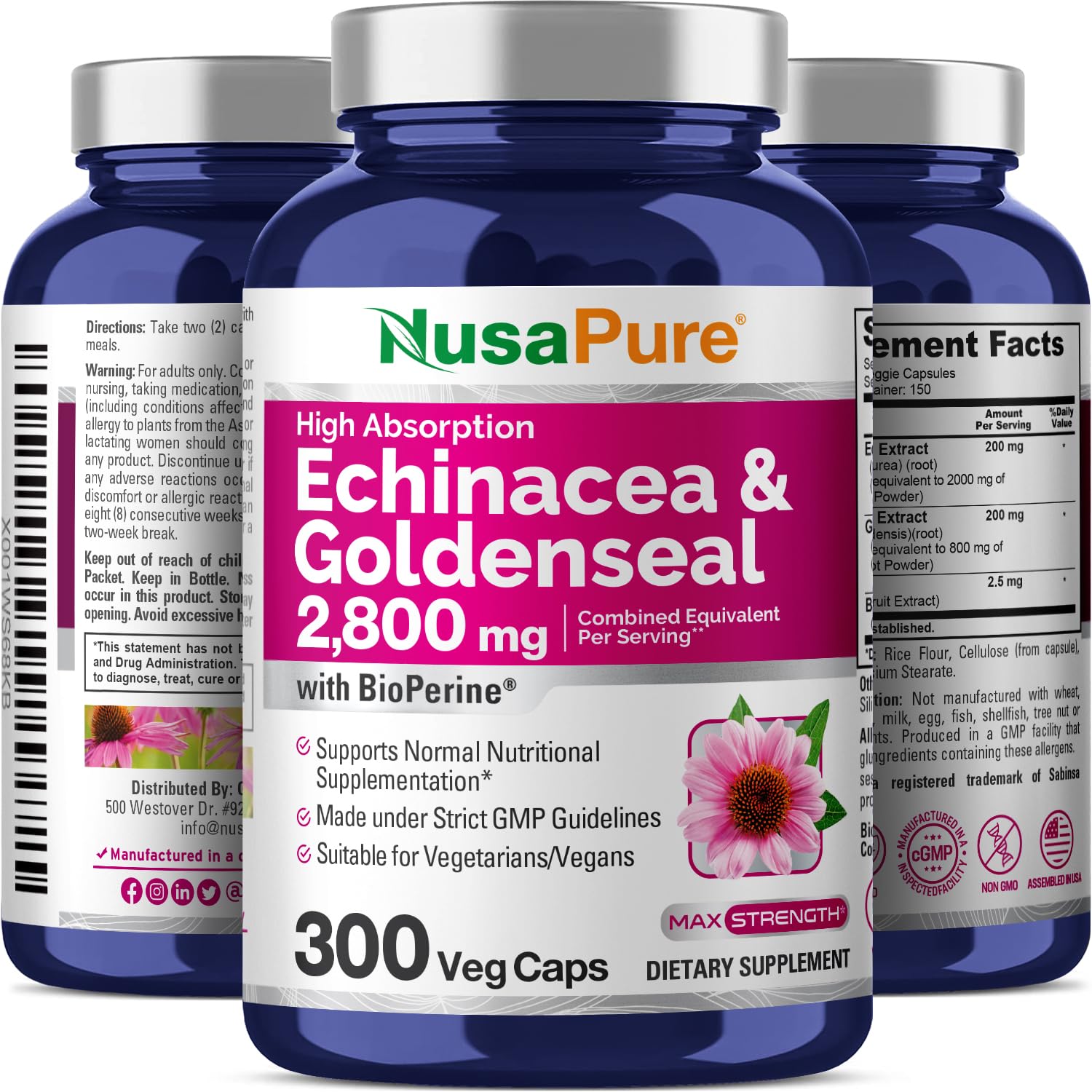 NusaPure Echinacea Goldenseal 2,800mg 300 Veggie Caps (Vegetarian, Non-GMO, Vegan)