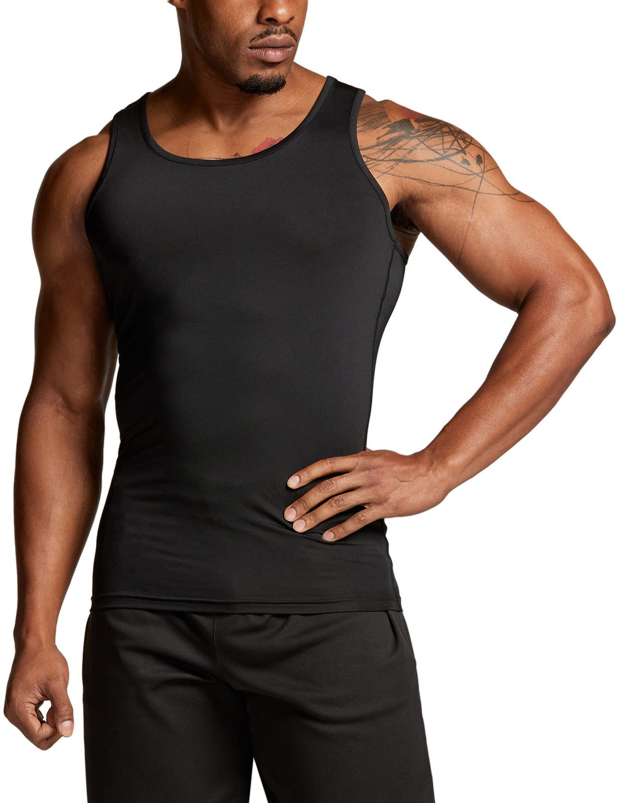 TSLA Men's Athletic Compression Sleeveless Tank Top, Cool Dry Sports Running Basketball Workout Base Layer, Active Shirts Black, Large