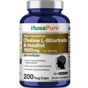 nusapure choline & inositol 1000mg - 200 veggie caps (100% vegetarian, non-gmo) bioperine