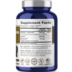 NusaPure Choline & Inositol 1000mg - 200 Veggie Caps (100% Vegetarian, Non-GMO) Bioperine