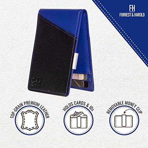 F&H RFID Blocking Slim Bifold Wallet - Dual Tone Minimalist Design for Men - Genuine Top Grain Leather + Stainless Steel Money Clip & 5 Pockets - Hold Up to 10 Cards + Cash - Gift Box Included