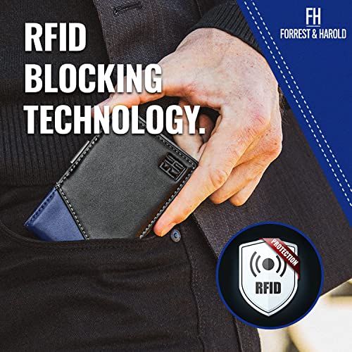 F&H RFID Blocking Slim Bifold Wallet - Dual Tone Minimalist Design for Men - Genuine Top Grain Leather + Stainless Steel Money Clip & 5 Pockets - Hold Up to 10 Cards + Cash - Gift Box Included