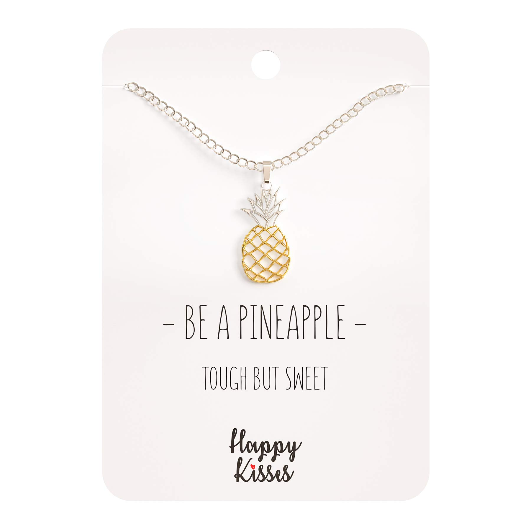 Happy Kisses Pineapple Necklace – Be A Pineapple Pendant – Message Card (Gold and Silver)