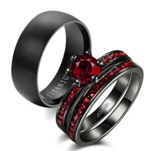 two rings his hers wedding ring sets couples matching rings women's 2pc black gold filled red cz wedding engagement ring bridal sets men's titanium wedding band