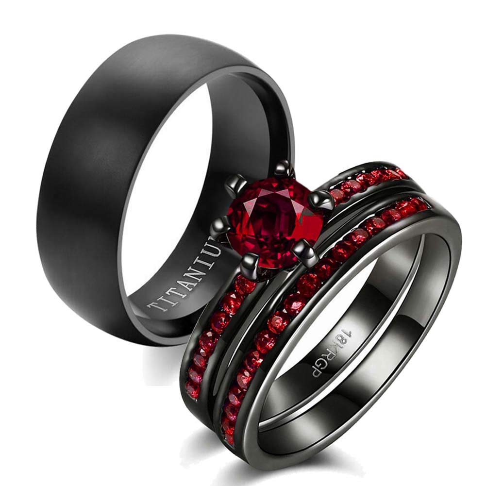 Two Rings His Hers Wedding Ring Sets Couples Matching Rings Women's 2pc Black Gold Filled Red CZ Wedding Engagement Ring Bridal Sets Men's Titanium Wedding Band