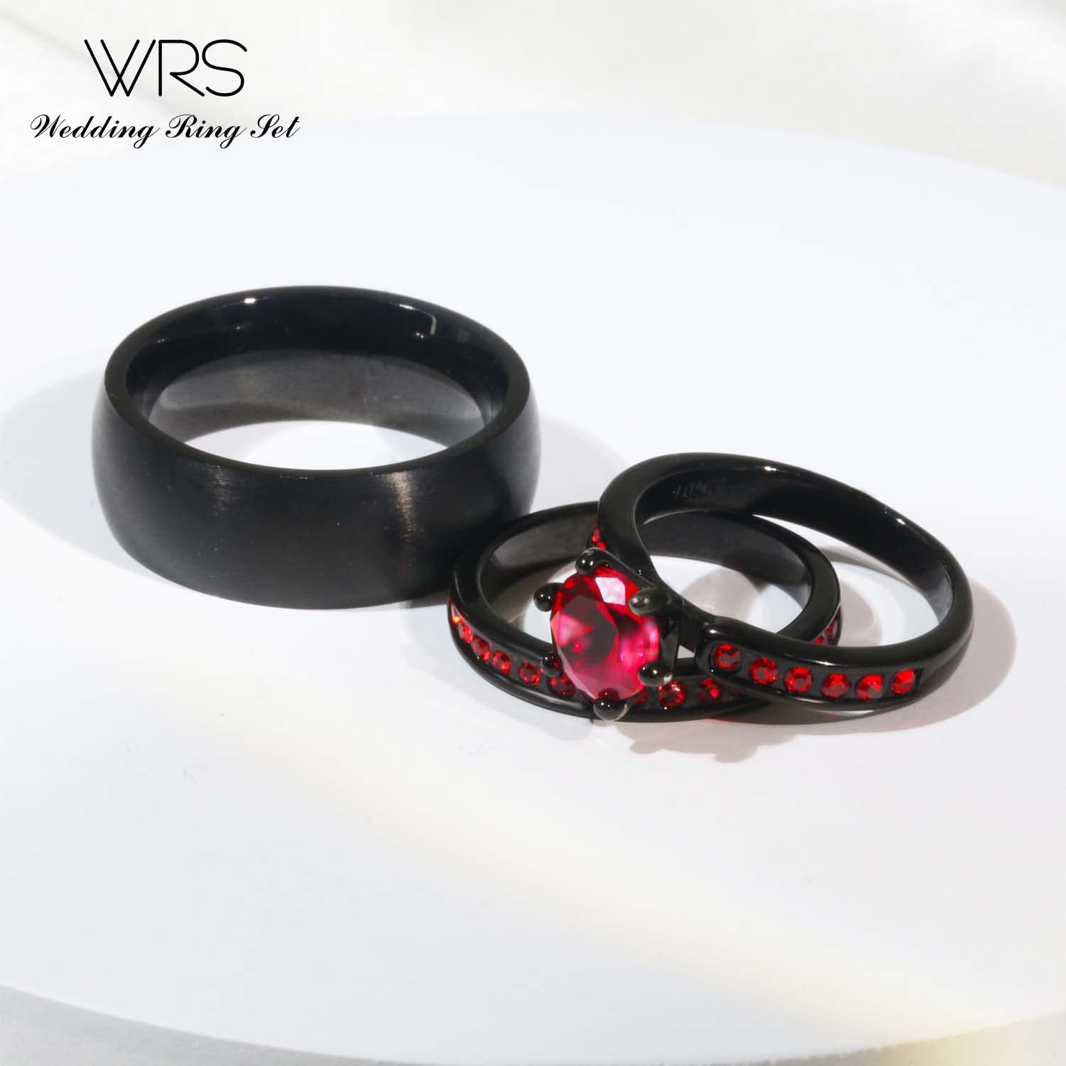 Two Rings His Hers Wedding Ring Sets Couples Matching Rings Women's 2pc Black Gold Filled Red CZ Wedding Engagement Ring Bridal Sets Men's Titanium Wedding Band