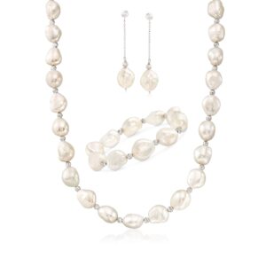 Ross-Simons 11-12mm Cultured Baroque Pearl and Sterling Silver Jewelry Set: Earrings, Bracelet and Necklace. 18 inches