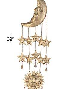 Deco 79 Metal Sun and Moon Windchime with Glass Beads and Cone Bells, 9" x 1" x 39", Gold